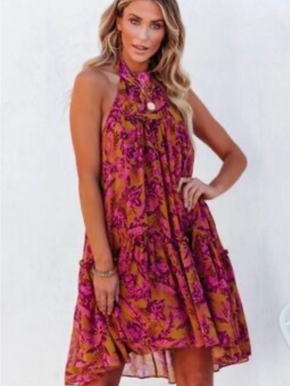 Vici Magenta Floral Halter Mini Dress on Mustard